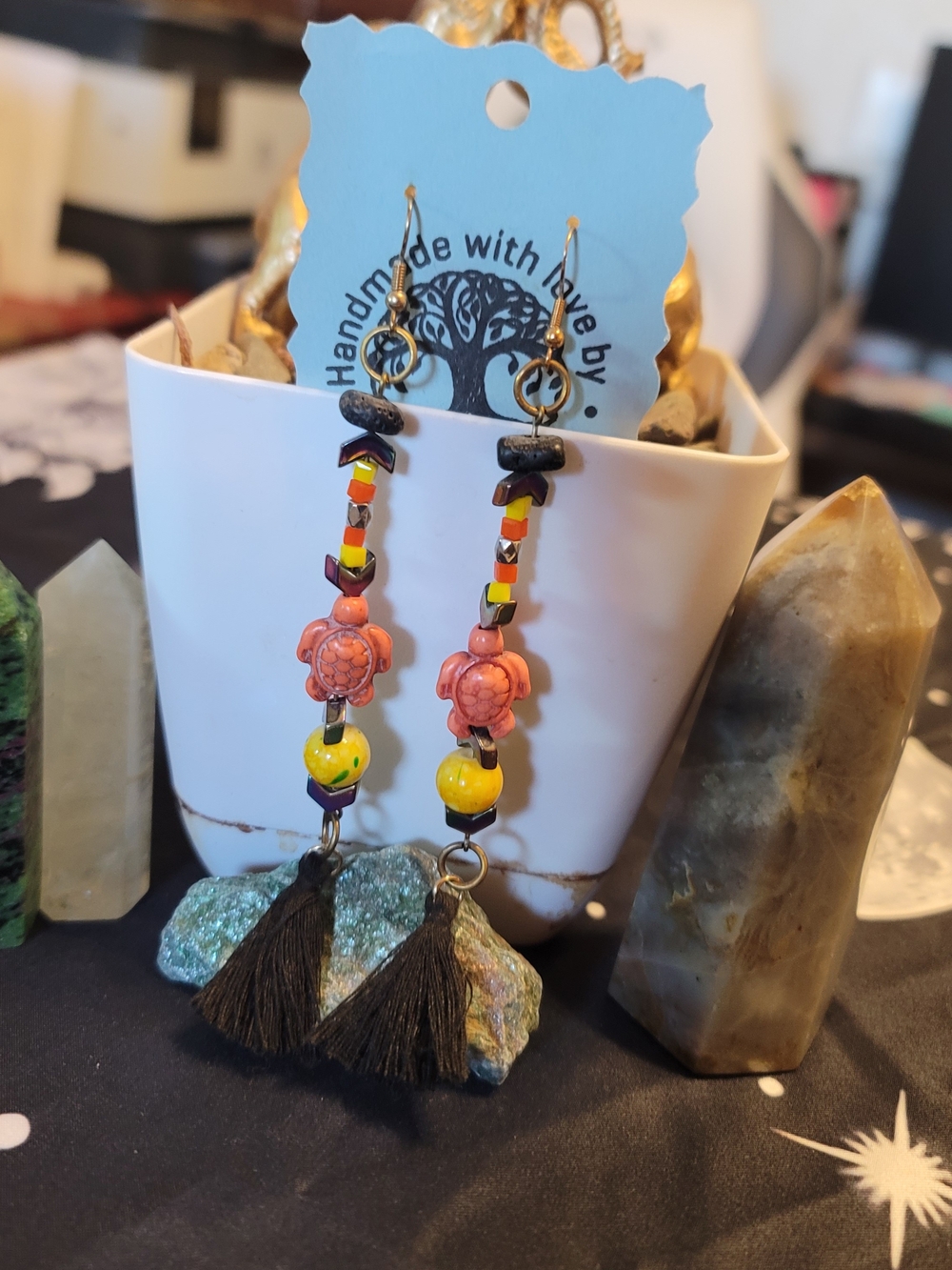 🔥3 For $20 Handmade Orange Turtle & Yellow Bead Tassel Lava Bead Earrings